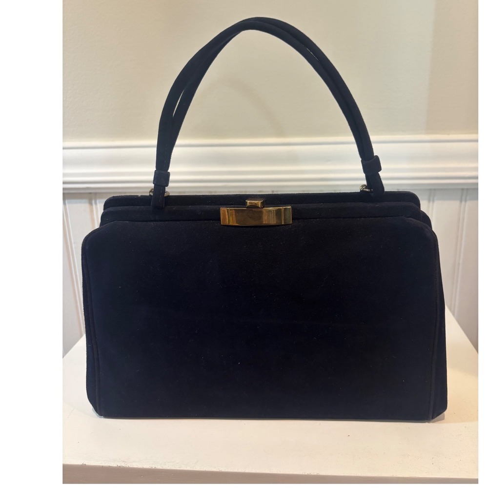 Ronay Vintage Navy Blue Suede Handbag Gold Clasp Structured Top Handle Bag